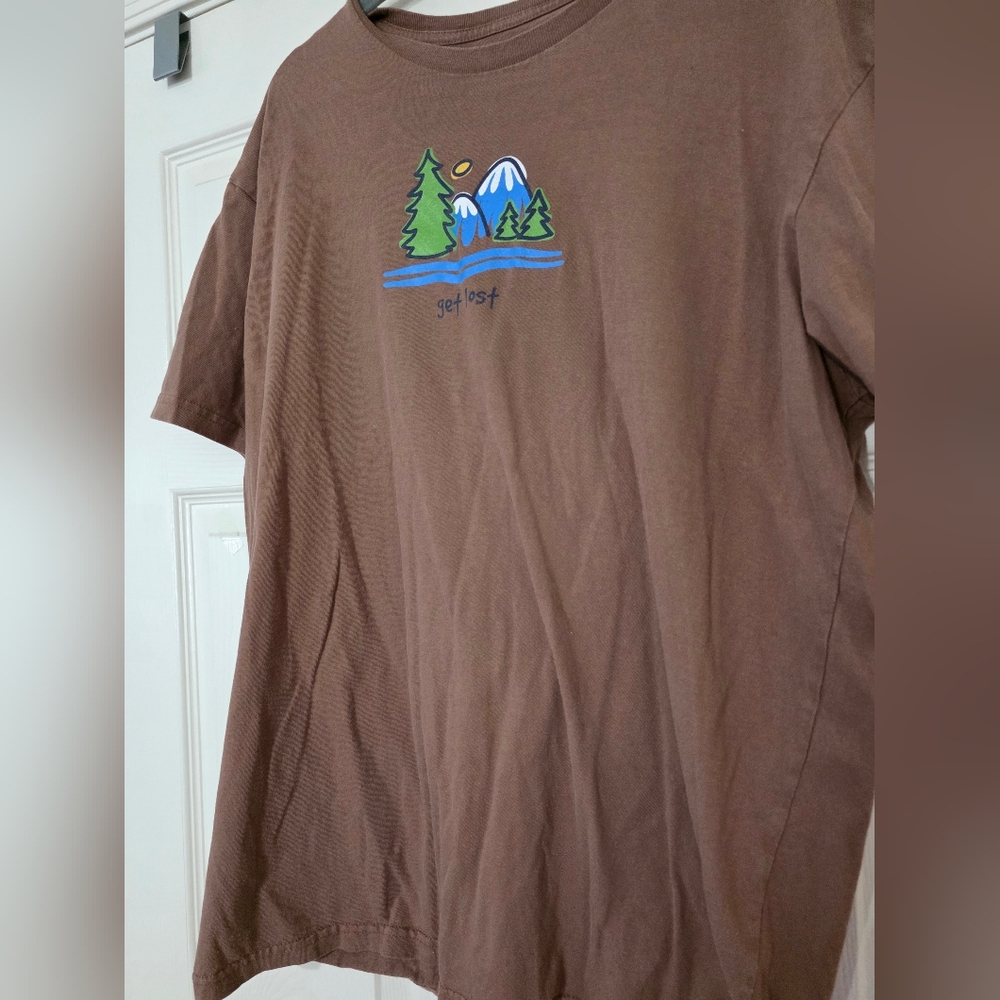 POSITIVITEES Mens "Get lost" Brown 2XL Short Sleeve T Shirt Cotton Mountains
